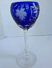Czech Bohemian Crystal Cobalt Blue Cut To Clear Stem Stemware Wine Glasse 8 1/8″