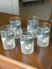 Vintage Frosted Calla Lily Green Band Frosted 5 Small Juice Glasses Cups Sango?
