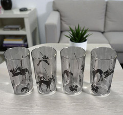 Vintage Art Deco Style Set Four Glasses Tumblers Clear W/Black Dog Silhouettes