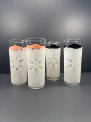 Vintage MCM Atomic Snowflake Highball Glasses Set of 4 Pink Black Frosted Barwar