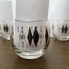 Vintage Federal Glass MCM Gold Black Harlequin Roly Poly Atomic Set of 3 Barware