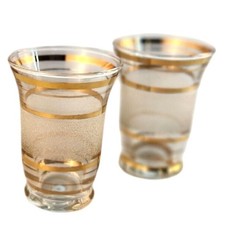 Mid-Century Modern Set Of 2 Frosted Glasses With Gold Stripes 3.25″ Tall x 2.25″