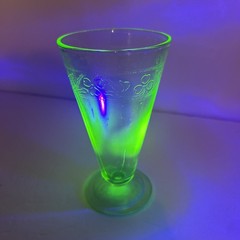 Vintage Green Uranium Glass Footed Tumbler 6in Clover Pattern