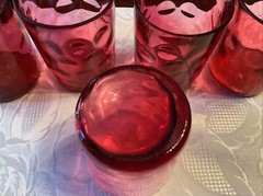 Czech Bohemian? Early Cranberry Reverse Thumbprint 3 1/2 Inch Tumblers X5