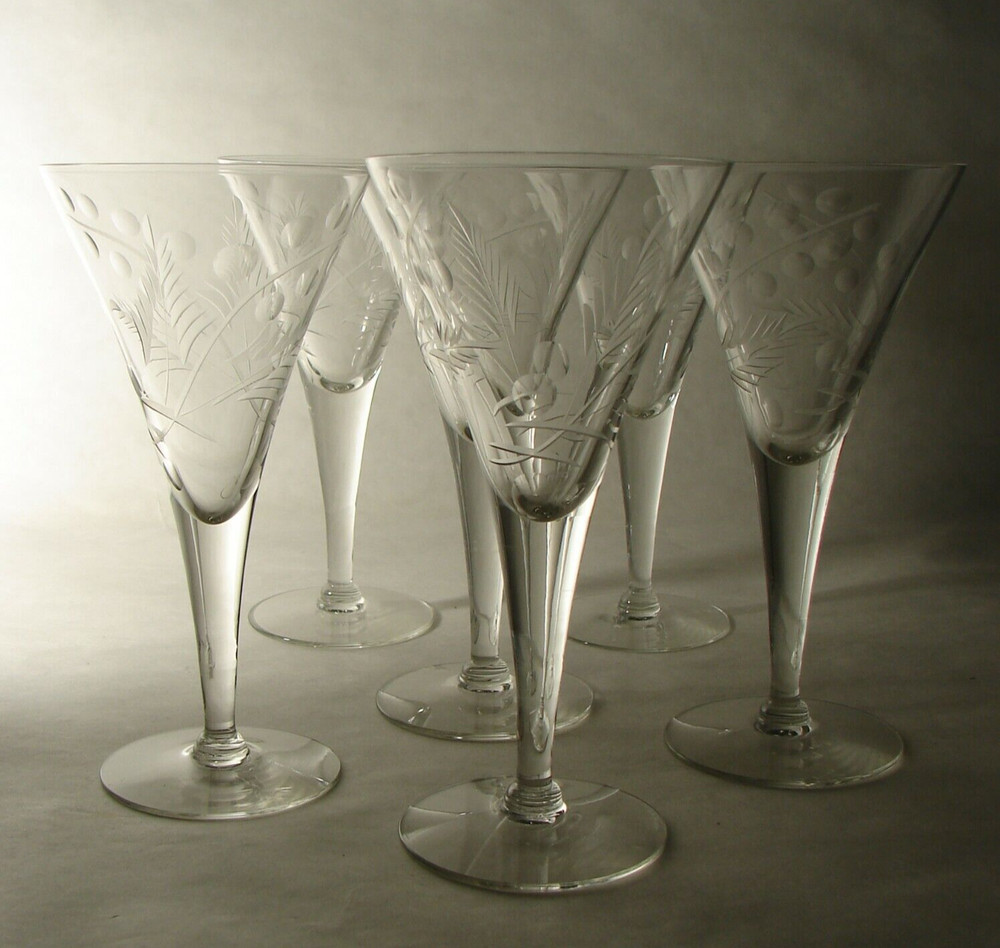 Mid Century Modern Set of 6 Javit Crystal Trumpet Water Goblets Floral Gray cut