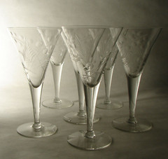 Mid Century Modern Set of 6 Javit Crystal Trumpet Water Goblets Floral Gray cut
