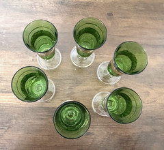 Set of 6 Cordial Glasses-Emerald Green w Gold Grape Pattern-Italy-Vtg 1960s