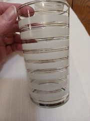 3 Vintage Highball Glasses -1940s. White etching, silver striping. Unique find!