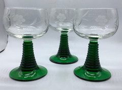 Green Beehive Stem Goblet/Glasses Grape Etched, 5 3/8” Tall, Set 3