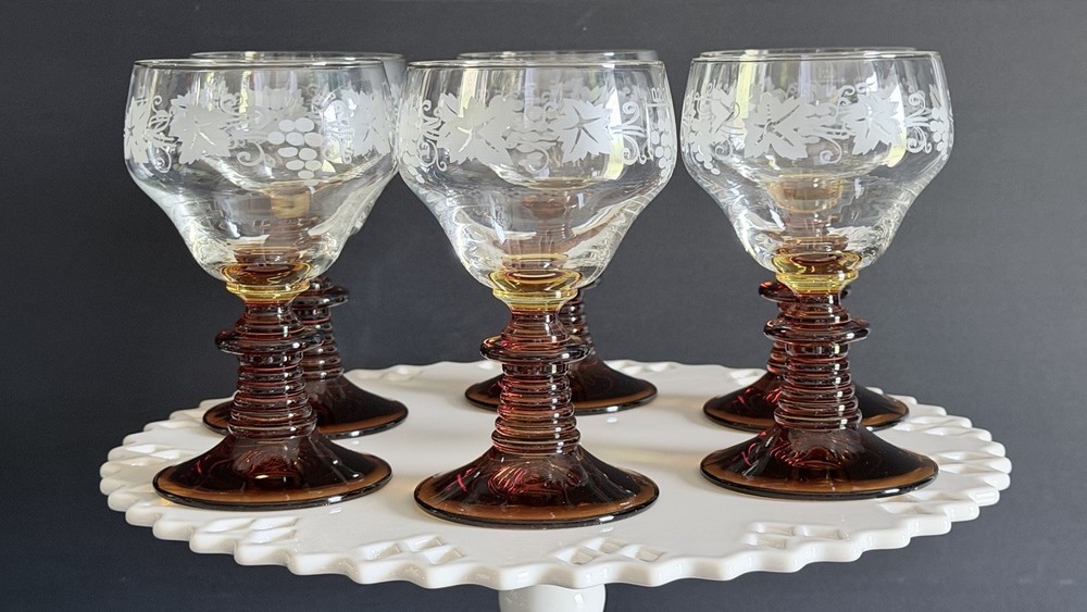 VTG Römer Wine Glasses Amber Ribbed Stem Etched Grape Goblets Set of 6-0.2l EC