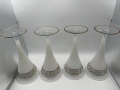 Vintage MCM Frosted White Champagne Cocktail Glasses Gold Silver Scroll Set of 4