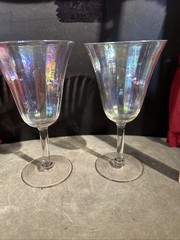 2 Iredescent Lustre Crystal Rainbow Seamless Tulip Shaped Wine Glasses 6.50”
