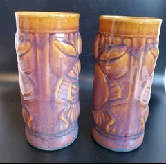 VTG Libbey Brown Stoneware Tiki Hawaiian Ceramic Tall Cocktail Glass 7″ Set of 2