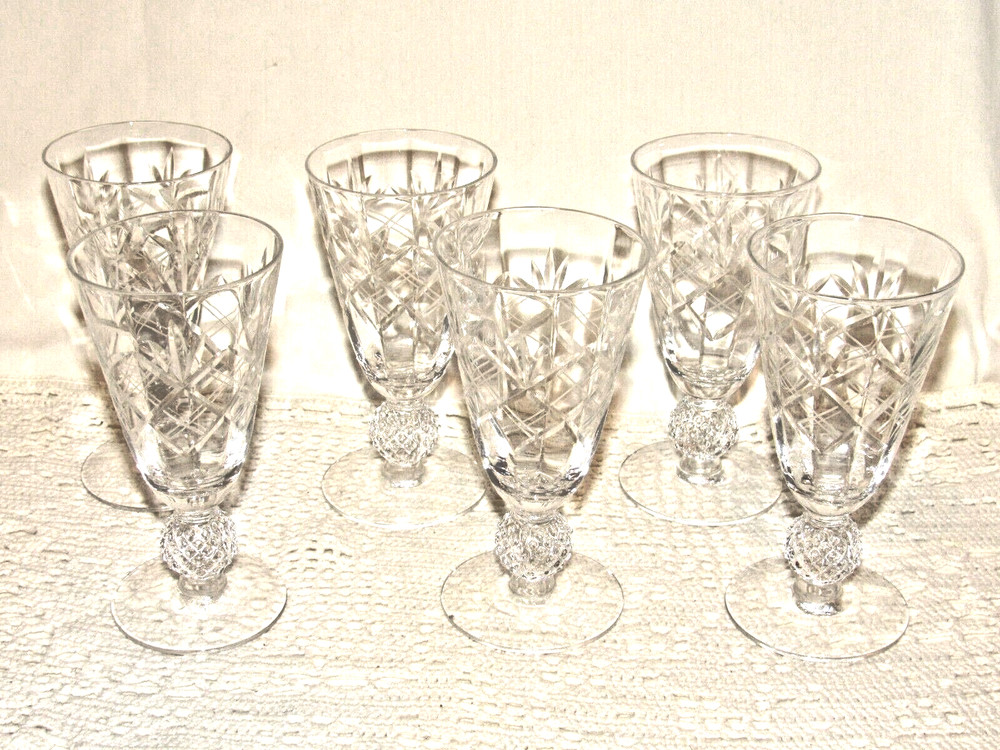 Vtg 6 Morgantown GolfBall juice glasses crystal stemware with fan cut decoration