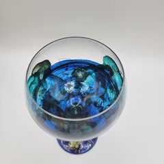 Vtg Handblown Wine Goblet Romania Abstract Blue Gold Accents Replacement