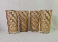 Mid-Century Gold and Frosted Swirl Glasses Set of 4 Barware High Ball Glasses