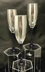 Champagne Flutes Clear Glass Bowl Amethyst Lavender Purple Pulled Stem THREE (3)