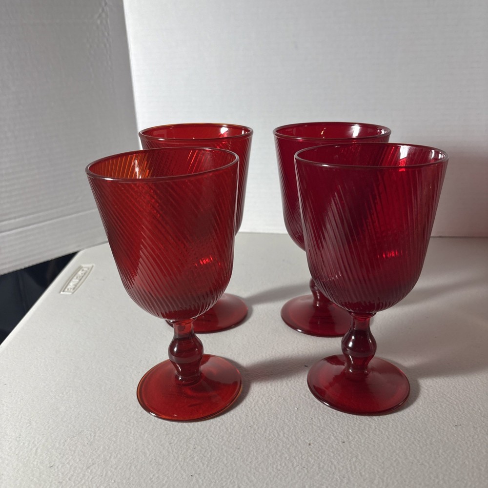 4 Juliska Arabella Ruby Red Water Goblets Optic Swirl Footed Glasses 6 3/4