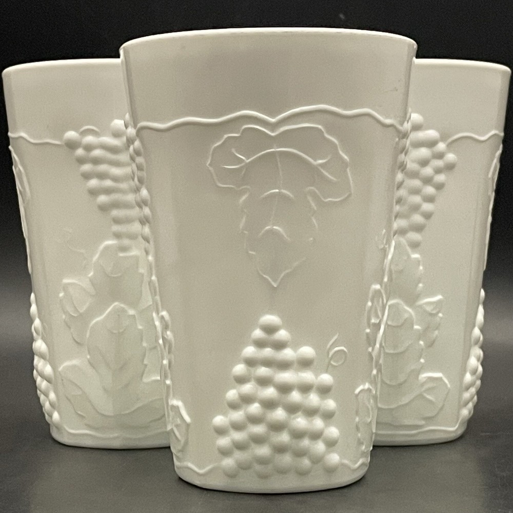 Indiana Glass Harvest Grape Milk Glass 3pc Juice Glasses c1970s USA 4.5″t 8oz
