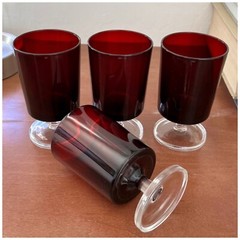 Vintage Mid Century Modern MCM Ruby Red Glasses Goblets Footed Made in France