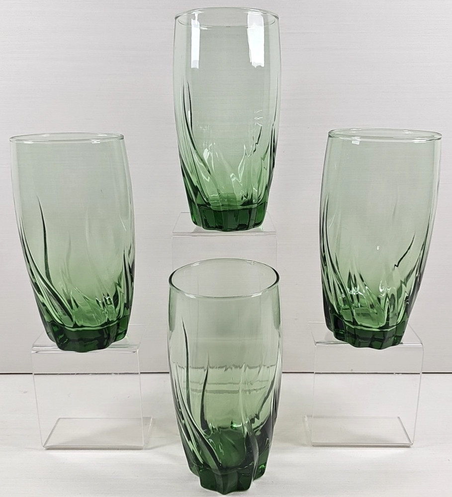 4 Anchor Hocking Central Park Ivy Green Iced Tea Set Swirl Wave Flat Tumbler Lot