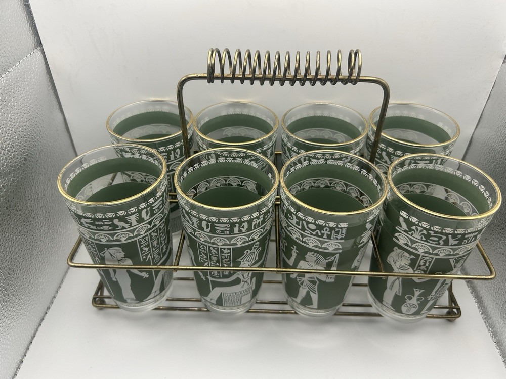 9-PC Hazel Atlas Wedgewood Green Egyptian Tumblers 8 Cups And Carrier RARE Set