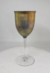 Steven Maslach 1979 Signed Studio Art Glass Goblet Iridescent Gold Cobalt 8″