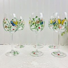 Lenox Set of 6 Butterfly Meadow Collection Clear Glass Wine Goblets Handpainted
