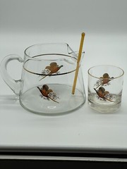 Vintage Glass Pheasant Cocktail Pitcher With Glass Stirrer And 1 Low Ball Glass
