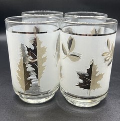 Vintage MCM Libbey Frosted SILVER Foliage Leaf 4 Tumbler 4.5″ Glasses 12 Oz FLAW