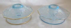 Fostoria USA Brocade Oak Leaf Acorn Candlestick Pair – Cut Design Azure Blue