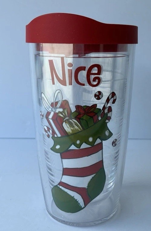 Tervis Tumbler CHRISTMAS Theme 16 Oz Cup “NICE” Lid Insulated Stocking EUC
