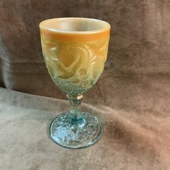 1980S LevAY Fenton Aqua Opalescent Inverted Strawberry Water Goblet As Is