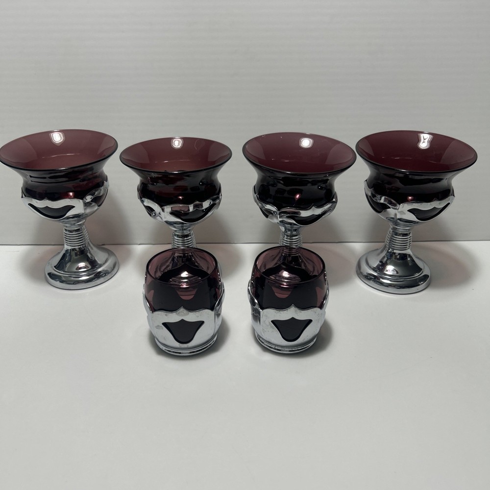 MCM FARBER Bros KROME KRAFT ART DECO COCKTAIL Glasses(4) + 2 Shot AMETHYST GLASS