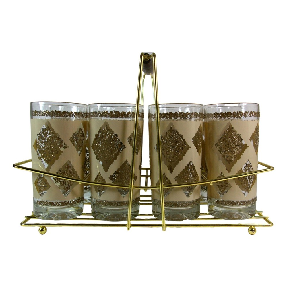 Mid Century Drinking Glasses Set of 8 Hollywood Regency Barware and Caddy