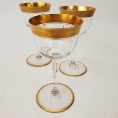 Set of 3 Italian Crystal w/Gold Encrusted Swag Rim Wine Goblets 5.25″H X 2.5″W