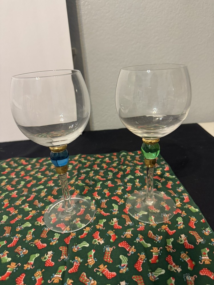 Vintage Wine Glasses. Set Of Two. Blue And Green Accent.