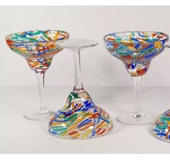 Vintage Set 3 – Pier 1 Glass Confetti Margarita Glasses 6 3/4″ Tall 5″ Rim