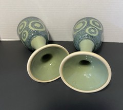 2 Studio Art Ceramic Goblets Green Blue Circles Pottery 7.7”H Handpainted