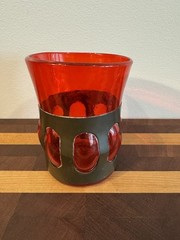 MCM FELIPE DERFHINGER BRASS CAGED RUBY GLASS FEDERS DRINK WARE/VASE