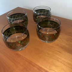 Set Of 4 Exquisite MCM Cera Roly Poly Glasses Green Band W/22K “Golden Grapes”