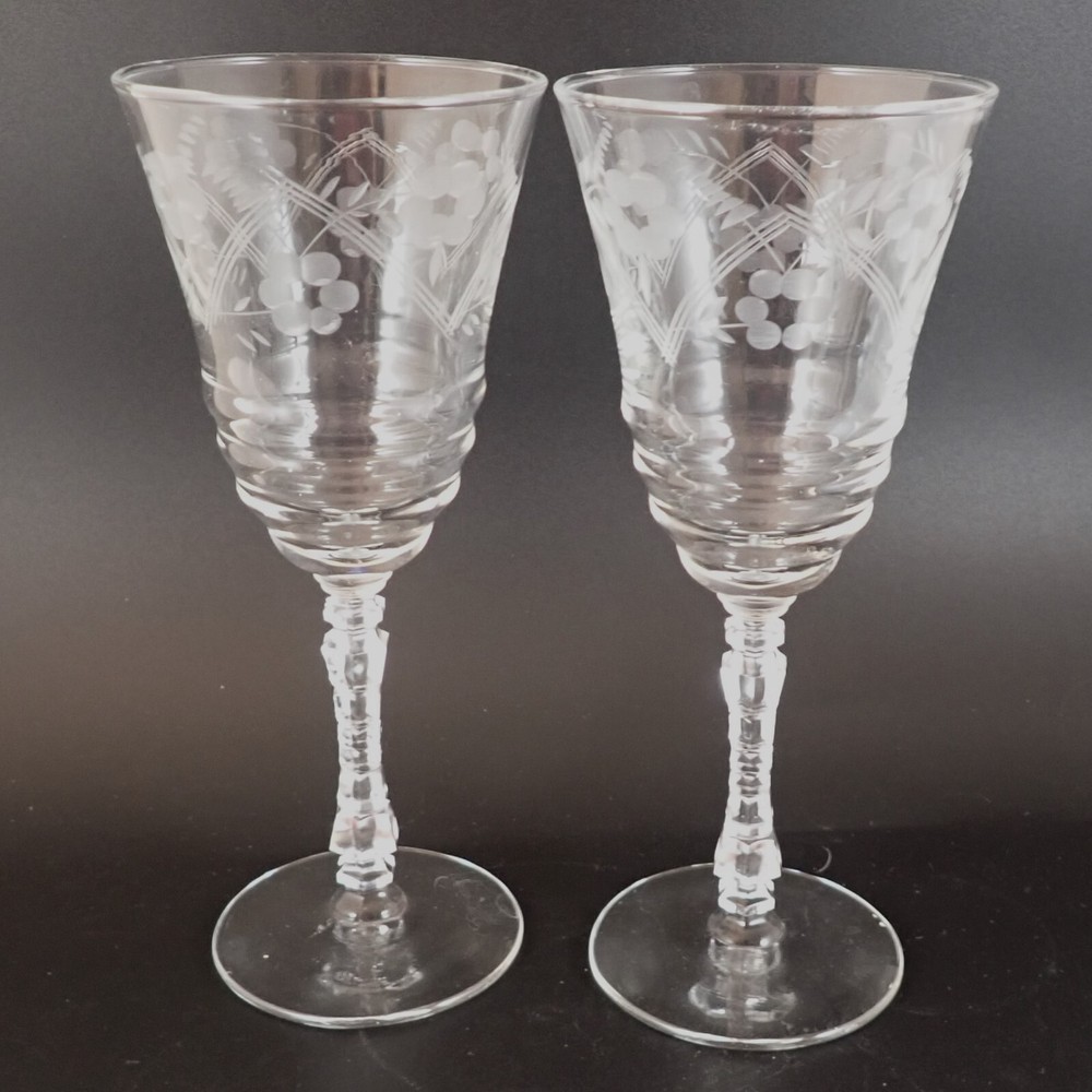 Pair Rock Sharpe 3005-11 Water Goblets Clear Gray Cut Etched Glass 7 7/8″ Tall
