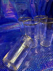 Lot of 5 Clear Glass Tumblers Water Glasses with Silver Rim Mid Century Modern