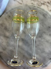Vintage Set Of 2 Champagne Flutes Green Decor Trimmed In Gold