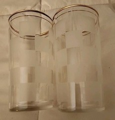 Four Federal Glass 12 oz Tumblers Clear & Frosted Checked With Double Gold Rim