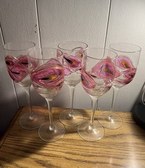Vintage Set Of 5 Peacock Feather Stained Glass Style Wine Goblets