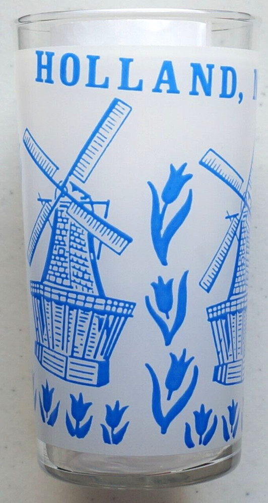 Vintage Holland Michigan souvenir glass, Tulips + Windmills