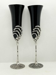 Skeleton Hand Champagne Flutes Black Glass And Metal Halloween