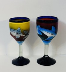 Mexican Hand Painted Hand Blown Wine Goblets Cobalt Blue Dolphins- Set of 2