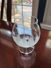 SET OF FOUR SMALL CRYSTAL BRANDY SNIFTERS WITH ETCHED SAILING SHIPS 3-½» HIGH